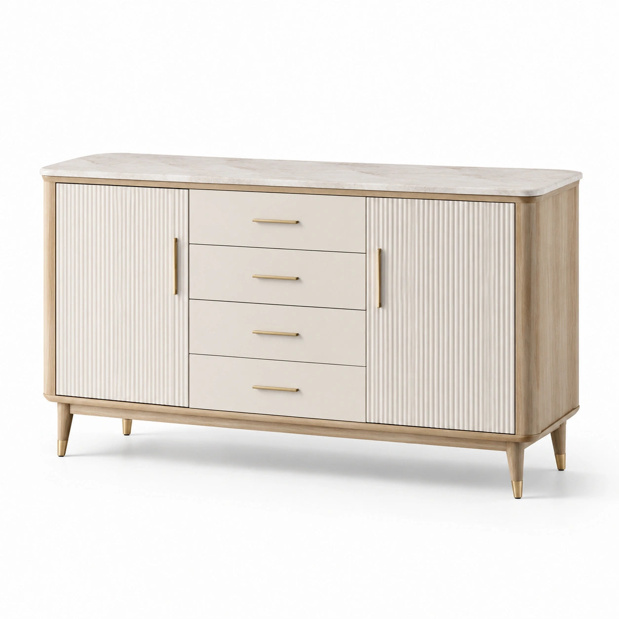 Sideboard aus Holzfurnier Beige mit Steinimitatoberfläche 150x40x85cm