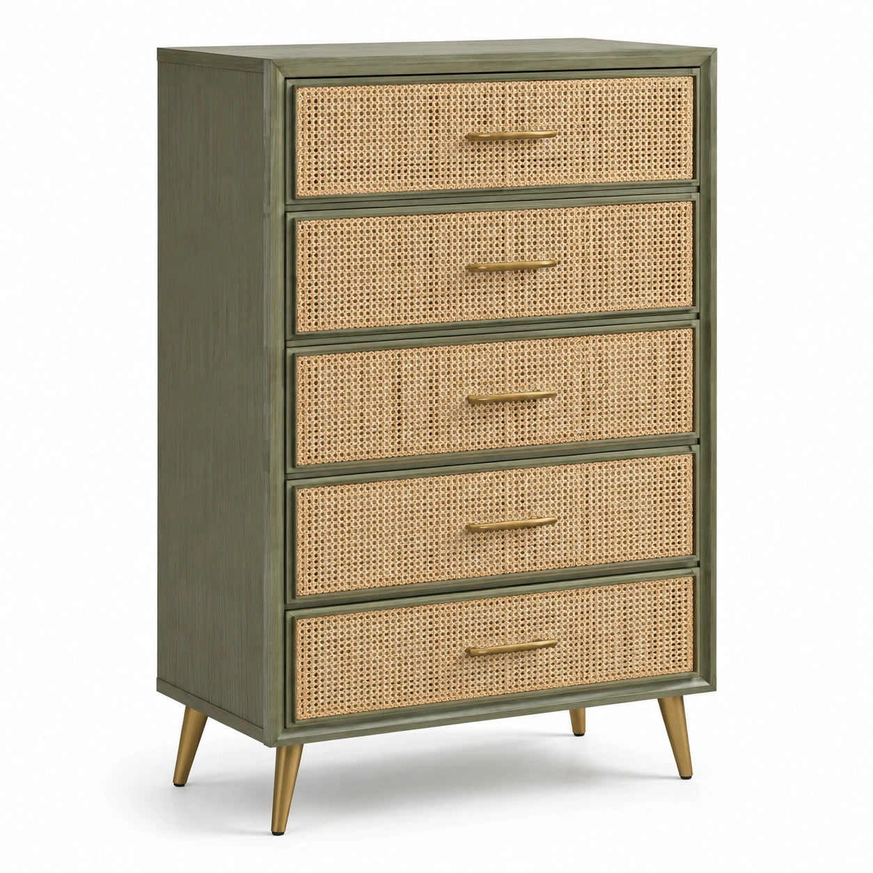 Kommode aus Holz und Rattan mit 5 Schubladen, grün und natur