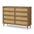 Massivholz Kommode mit Rattan, Braun, 8 Schubladen