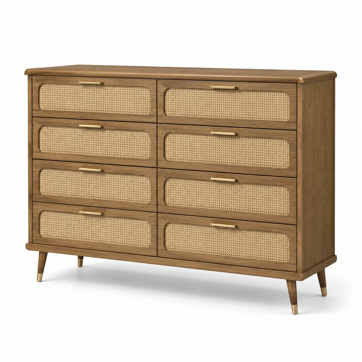 Massivholz Kommode mit Rattan, Braun, 8 Schubladen