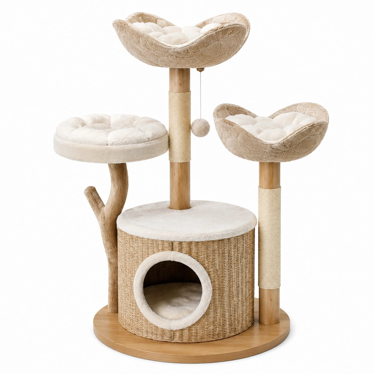 Katzenkratzbaum aus Holz, Sisal und Plüsch, Beige, 120 cm Höhe