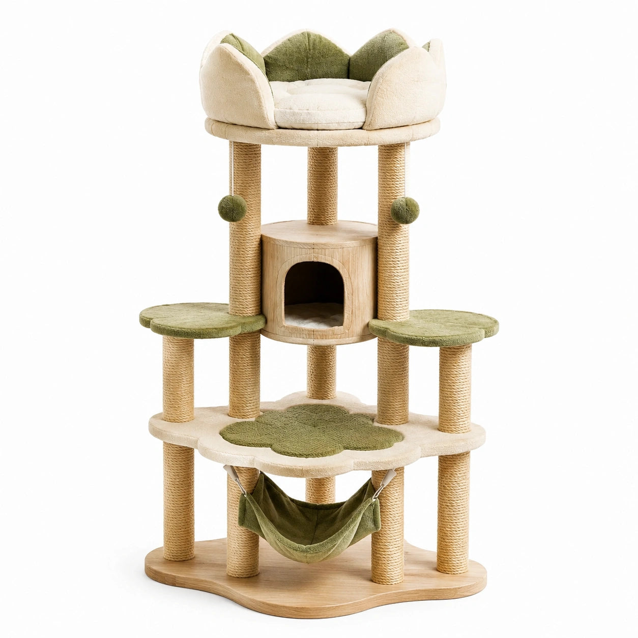 Kratzbaum aus MDF mit Plüsch und Sisal, Beige/Grün