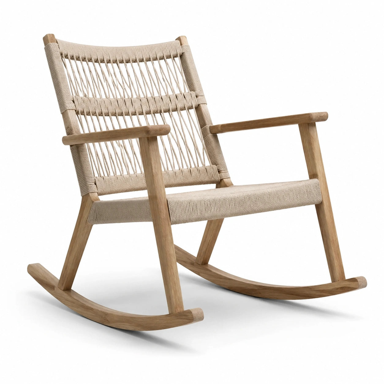 Schaukelstuhl aus Eichenholz mit Baumwollseilgeflecht Beige