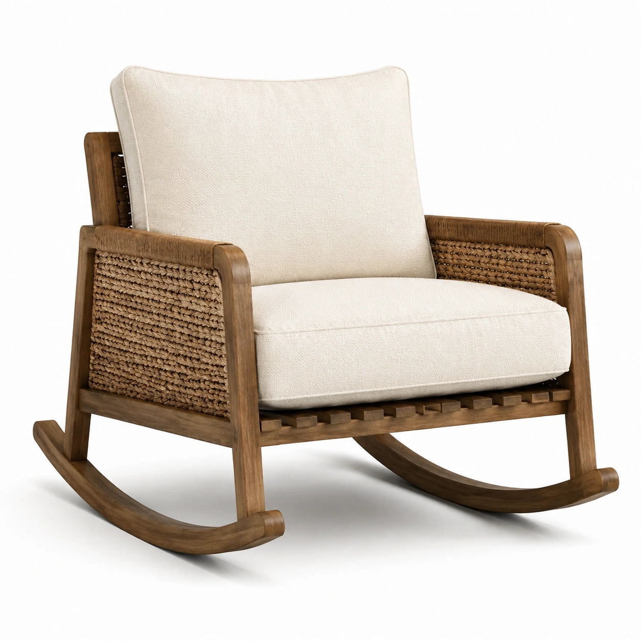 Schaukelstuhl aus Eichenholz mit Leinenpolster Beige