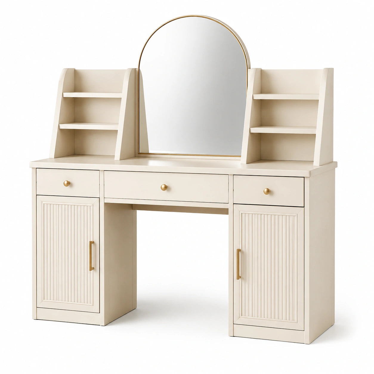 Holz-Schminktisch mit Spiegel und Regalen, Creme